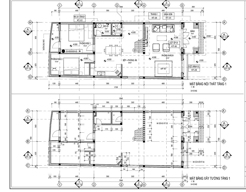 Mặt bằng nội thất tầng 1 đã triển khai chi tiết căn biệt thự mái thái tại Ứng Hoà - Hà Nội