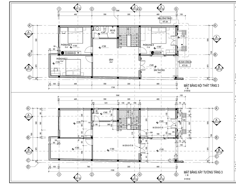 Mặt bằng nội thất tầng 3 đã triển khai chi tiết căn biệt thự mái thái tại Ứng Hoà - Hà Nội
